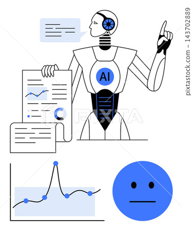 Data analysis, artificial intelligence, futuristic technology, machine learning, automation, digital transformation. Robot with data, graphs and AI elements. AI and data analysis concepts Data analysis, artificial intelligence, futuristic technology, machine learning, automation, digital transformation. Robot with data, graphs and AI elements. AI and data analysis concepts 143702889