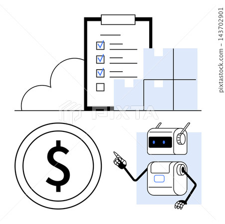 E-commerce, logistics, automation, business planning, online shopping, financial management. Robot pointing at a checklist with boxes, cloud and dollar sign. E-commerce and logistics E-commerce, logistics, automation, business planning, online shopping, financial management. Robot pointing at a checklist with boxes, cloud and dollar sign. E-commerce and logistics 143702901