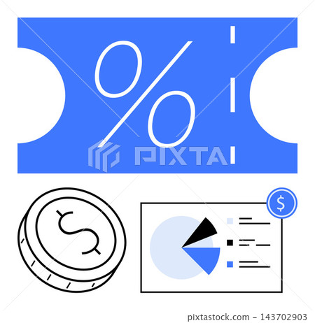Marketing, discounts, savings, finances, budgeting, analytics. Blue coupon with percentage, coin symbol pie chart. Marketing and discount-related financial clearly 143702903