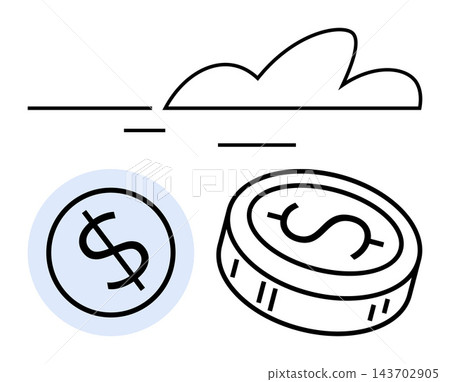 Finance, investment, banking, savings, wealth management, economic growth. A dollar coin symbol, a cloud and clean lines. Finance and investment concept with focus on savings and growth Finance, investment, banking, savings, wealth management, economic growth. A dollar coin symbol, a cloud and clean lines. Finance and investment concept with focus on savings and growth 143702905