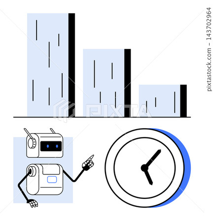 Time management, AI technology, efficiency, data analysis, automation, productivity tools. Robot pointing at bar chart beside a clock. Time management and AI technology concept Time management, AI technology, efficiency, data analysis, automation, productivity tools. Robot pointing at bar chart beside a clock. Time management and AI technology concept 143702964