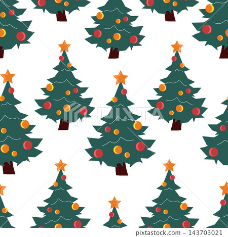 Seamless pattern of cartoon Christmas trees with red and yellow balls Seamless pattern of cartoon Christmas trees with red and yellow balls 143703021