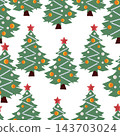 Seamless pattern of Christmas trees with white and yellow balls, garlands 143703024