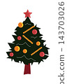 Stylized dark green Christmas tree with red and orange balls 143703026