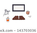 A set of illustrations depicting a movie theater and movie viewing: screen, seats, popcorn, and projector. 143703036
