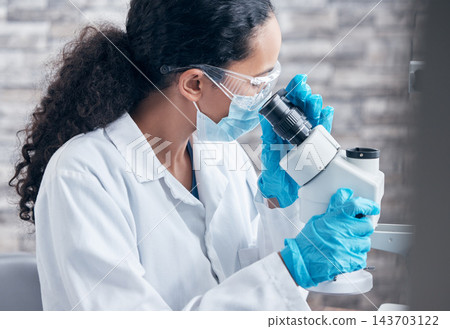 Woman, microscope and science research in lab for medical innovation and investigation results with ppe safety. Female person, healthcare expert and dna or bacteria analysis for vaccine development Woman, microscope and science research in lab for medical innovation and investigation results with ppe safety. Female person, healthcare expert and dna or bacteria analysis for vaccine development 143703122