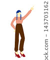 A full-body illustration of a stylish woman pointing upwards to the upper right. 143703162