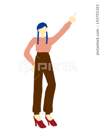 Full-body illustration of a woman with blue hair and braided pigtails pointing diagonally upwards (transparent background) 143703163
