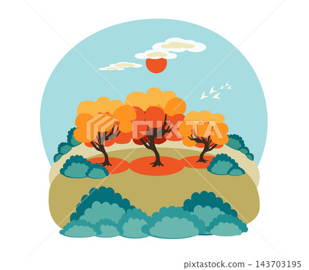A cozy autumn landscape with trees with yellow foliage on a hill 143703195