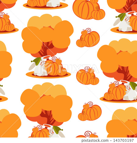 Seamless pattern a funny rabbit and pumpkins under an autumn tree Seamless pattern a funny rabbit and pumpkins under an autumn tree 143703197