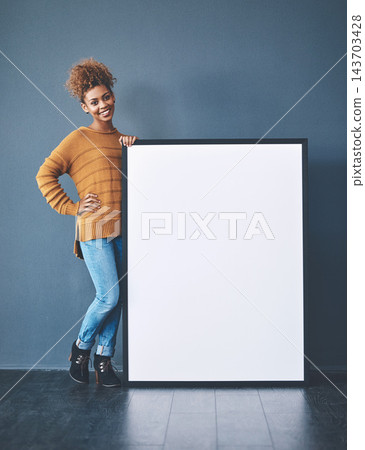 Happy, poster and portrait of woman on wall background for news, announcement and review. Mockup space, promotion and person with sign, billboard or banner for feedback information or advertising Happy, poster and portrait of woman on wall background for news, announcement and review. Mockup space, promotion and person with sign, billboard or banner for feedback information or advertising 143703428
