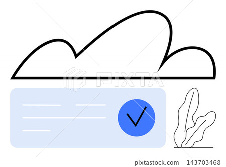 Cloud computing, data security, verification, digital authentication, online storage, minimal design. Cloud icon with checkmark and leaves. Cloud computing and data security concept Cloud computing, data security, verification, digital authentication, online storage, minimal design. Cloud icon with checkmark and leaves. Cloud computing and data security concept 143703468