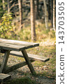 Rustic wooden picnic table in sunlit autumn forest, perfect spot for a break during a local hiking trip or outdoor camping, vertical image. 143703505