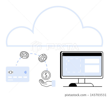Cloud technology, e-commerce, payment systems, digital finance, online transactions, data storage. Cloud with monitor, credit card hand and coins. Cloud technology and e-commerce concept Cloud technology, e-commerce, payment systems, digital finance, online transactions, data storage. Cloud with monitor, credit card hand and coins. Cloud technology and e-commerce concept 143703531