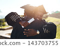 Graduation, hug and students with certificate from university for success, celebration and support in education. Diploma, happy and black men embrace after achievement at graduate event at college 143703755
