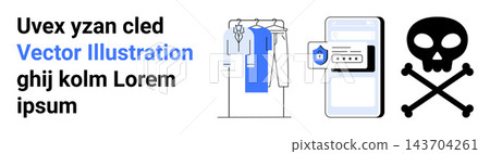 Cybersecurity, online data protection, identity theft, digital warnings, malware threats, and hacking risks. Smartphone displaying security alert, clothing hanger and skull icon. Cybersecurity 143704261