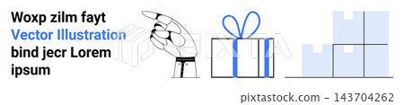 Delivery services, logistics planning, online shopping, e-commerce, gift packaging, warehouse functionality. Hand pointing, a gift box with a bow and stacks of boxes. Delivery services and logistics Delivery services, logistics planning, online shopping, e-commerce, gift packaging, warehouse functionality. Hand pointing, a gift box with a bow and stacks of boxes. Delivery services and logistics 143704262