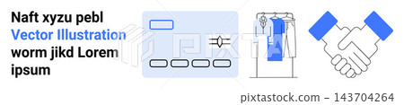 E-commerce, business, banking, partnership, digital communication, retail. Credit card, clothing rack handshake clipart in blue and white. E-commerce and partnership concept E-commerce, business, banking, partnership, digital communication, retail. Credit card, clothing rack handshake clipart in blue and white. E-commerce and partnership concept 143704264
