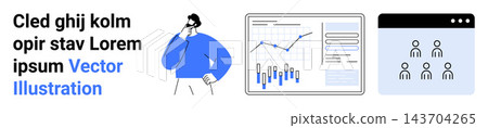 Business analytics, data reporting, teamwork, online meetings, leadership, digital tools. Professional figure next to graphs and team interface icons. Business analytics and data reporting concepts Business analytics, data reporting, teamwork, online meetings, leadership, digital tools. Professional figure next to graphs and team interface icons. Business analytics and data reporting concepts 143704265