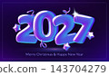Glossy iridescent 2027 New Year 3D numbers with stars festive confetti on a dark purple background 143704279