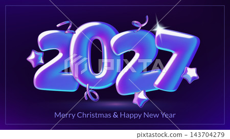 Glossy iridescent 2027 New Year 3D numbers with stars festive confetti on a dark purple background Glossy iridescent 2027 New Year 3D numbers with stars festive confetti on a dark purple background 143704279