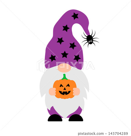 Halloween gnome with starry hat and hanging spider holding carved pumpkin Jack o lantern. Cute cartoon character. Vector template for poster, greeting card, banner, sticker, shirt design etc. 143704289