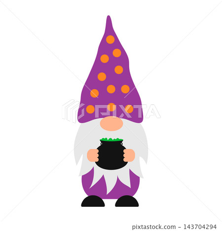 Halloween gnome in purple polka dots hat holding black cauldron with green potion. Cute cartoon character. Vector template for poster, greeting card, banner, sticker, shirt design etc. Halloween gnome in purple polka dots hat holding black cauldron with green potion. Cute cartoon character. Vector template for poster, greeting card, banner, sticker, shirt design etc. 143704294