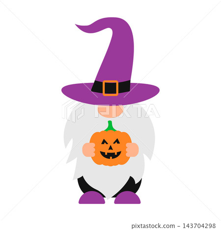 Halloween gnome in purple witch hat holding carved pumpkin Jack o lantern. Cute cartoon character. Vector template for poster, greeting card, banner, sticker, shirt design etc. Halloween gnome in purple witch hat holding carved pumpkin Jack o lantern. Cute cartoon character. Vector template for poster, greeting card, banner, sticker, shirt design etc. 143704298
