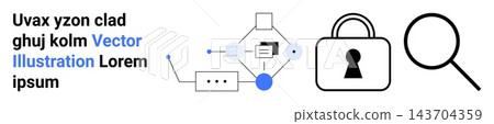 Cybersecurity, data protection, network analysis, digital privacy, secure communication, encryption. Visualization shows lock, network nodes magnifying glass. Cybersecurity and data protection Cybersecurity, data protection, network analysis, digital privacy, secure communication, encryption. Visualization shows lock, network nodes magnifying glass. Cybersecurity and data protection 143704359