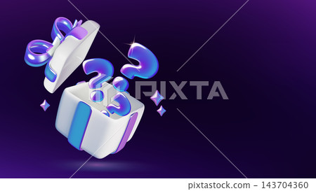 3D mystery gift box with question marks and sparkles surprise and giveaway on a dark background 3D mystery gift box with question marks and sparkles surprise and giveaway on a dark background 143704360
