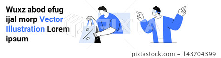 Online shopping, digital communication, e-commerce, remote interaction, retail convenience, consumer behavior. Cartoon characters holding a bag and pointing. Online shopping and digital communication Online shopping, digital communication, e-commerce, remote interaction, retail convenience, consumer behavior. Cartoon characters holding a bag and pointing. Online shopping and digital communication 143704399