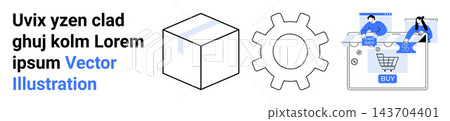 Technology, e-commerce, innovation, online shopping, digital systems, futuristic design. Minimalist cube, gear and shopping cart visuals. Technology and e-commerce concept illustration Technology, e-commerce, innovation, online shopping, digital systems, futuristic design. Minimalist cube, gear and shopping cart visuals. Technology and e-commerce concept illustration 143704401