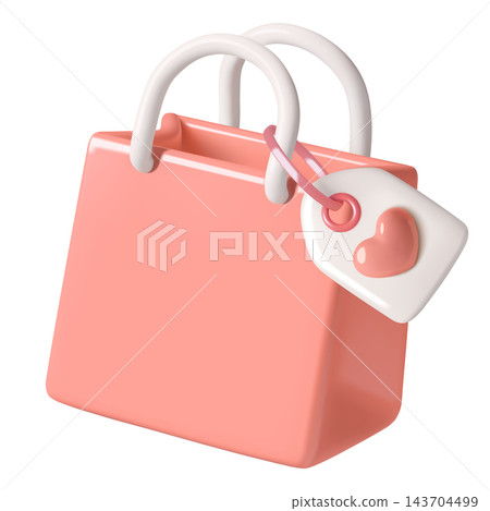 Pink paper gift bag Valentine Day retail or wedding sale 3D icon with cute heart label Pink paper gift bag Valentine Day retail or wedding sale 3D icon with cute heart label 143704499