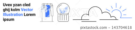 Home decor, fashion visuals, weather updates, minimal art, nature concepts, retail . Artwork of clothing rack, potted plant cloud outline and rising sun. Fashion visuals and home decor themes Home decor, fashion visuals, weather updates, minimal art, nature concepts, retail . Artwork of clothing rack, potted plant cloud outline and rising sun. Fashion visuals and home decor themes 143704618