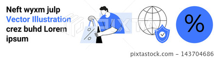 Online shopping, digital security, discounts, global trade, retail industry, secure transactions. A man holding shopping bags, a globe icon a shield and a percentage symbol. Online shopping 143704686