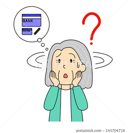 一幅插圖描繪了一位老婦人因為找不到自己的存摺、銀行卡和個人印章而感到煩惱。 一幅插圖描繪了一位老婦人因為找不到自己的存摺、銀行卡和個人印章而感到煩惱。 143704716