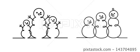 Cute snowmen in continuous vector line art drawing style 143704895