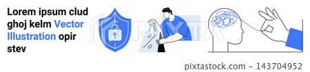 Online security, retail savings, mental health, safety, mindfulness, consumer protection. Shield with lock, shopper holding discount bag and brain with hand gesture. Online security and retail Online security, retail savings, mental health, safety, mindfulness, consumer protection. Shield with lock, shopper holding discount bag and brain with hand gesture. Online security and retail 143704952