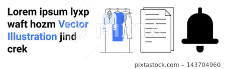 Task management, productivity, organization, notifications, digital reminders, planning. Bell icon, clothes hanging and documents. Organization and notifications visually 143704960