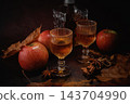 Calvados Decanter Apples and Autumn Leaves Wide Still Life 143704990