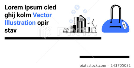 Urban planning, eco-friendly energy, shopping trends, fashion economy, sustainable design, renewable cities. Modern cityscape with wind turbines and a blue handbag. Urban planning and shopping Urban planning, eco-friendly energy, shopping trends, fashion economy, sustainable design, renewable cities. Modern cityscape with wind turbines and a blue handbag. Urban planning and shopping 143705081