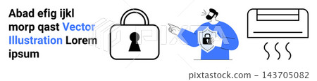 Data security, password protection, home safety, digital access, air conditioning, indoor comfort. A lock, person with a shield and HVAC unit. Data security and home safety conceptual ideas Data security, password protection, home safety, digital access, air conditioning, indoor comfort. A lock, person with a shield and HVAC unit. Data security and home safety conceptual ideas 143705082