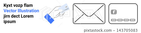 Payments, e-commerce, mail delivery, financial services, communication, identification. A hand holding a card, envelope and credit card. Payments and e-commerce concept Payments, e-commerce, mail delivery, financial services, communication, identification. A hand holding a card, envelope and credit card. Payments and e-commerce concept 143705083