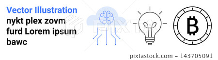 Artificial intelligence, digital finance, blockchain, innovation, technology, future. Cloud-connected brain, light bulb and Bitcoin coin on a white background. AI and digital finance Artificial intelligence, digital finance, blockchain, innovation, technology, future. Cloud-connected brain, light bulb and Bitcoin coin on a white background. AI and digital finance 143705091