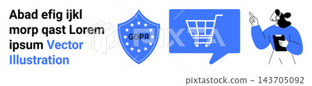 Online data privacy, cybersecurity, e-commerce safety, GDPR compliance, digital communication, business security. Blue shield with GDPR, speech bubble with cart person pointing. Online privacy Online data privacy, cybersecurity, e-commerce safety, GDPR compliance, digital communication, business security. Blue shield with GDPR, speech bubble with cart person pointing. Online privacy 143705092