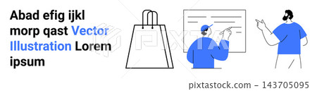Business communication, training, education, e-commerce, teamwork, shopping. Minimalist design a shopping bag, a discussion and a presentation. Business communication and training ideas Business communication, training, education, e-commerce, teamwork, shopping. Minimalist design a shopping bag, a discussion and a presentation. Business communication and training ideas 143705095