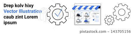 E-commerce, online shopping, digital workflow, automation, product listing, quality assurance. Gear and checkmark icons with online storefront graphic. E-commerce and workflow visualization concepts E-commerce, online shopping, digital workflow, automation, product listing, quality assurance. Gear and checkmark icons with online storefront graphic. E-commerce and workflow visualization concepts 143705156