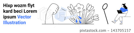 Gardening, productivity, digital work-life balance, modern sustainability, self-care, outdoor activities. Watering flowers and a woman using a laptop. Gardening and productivity concept Gardening, productivity, digital work-life balance, modern sustainability, self-care, outdoor activities. Watering flowers and a woman using a laptop. Gardening and productivity concept 143705157