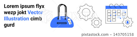 Shopping, planning, organization, time management, retail operations, daily tasks. A bag with a label, calendar and gears. Shopping and planning concepts with minimalistic icons 143705158