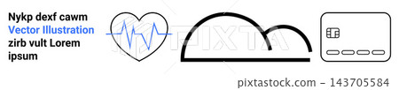 Healthcare, technology, finance, online payments, data storage, cloud computing. Heartbeat line in a heart, cloud symbol and credit card icon paired with lorem ipsum text. Healthcare and technology Healthcare, technology, finance, online payments, data storage, cloud computing. Heartbeat line in a heart, cloud symbol and credit card icon paired with lorem ipsum text. Healthcare and technology 143705584